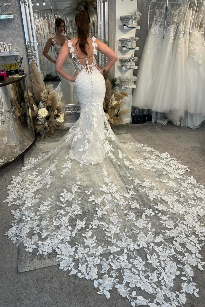 Mild Spaghetti Straps Tulle Appliques Mermaid Wedding Dresses