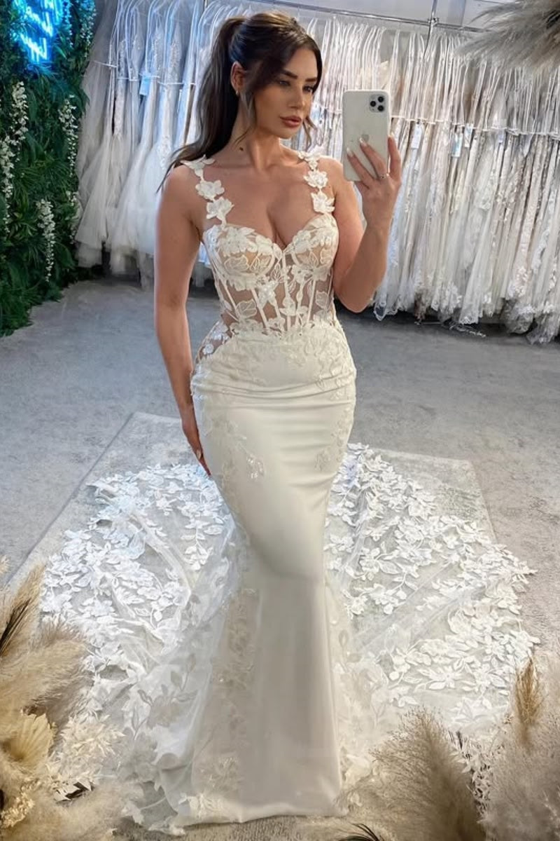 Mild Spaghetti Straps Tulle Appliques Mermaid Wedding Dresses