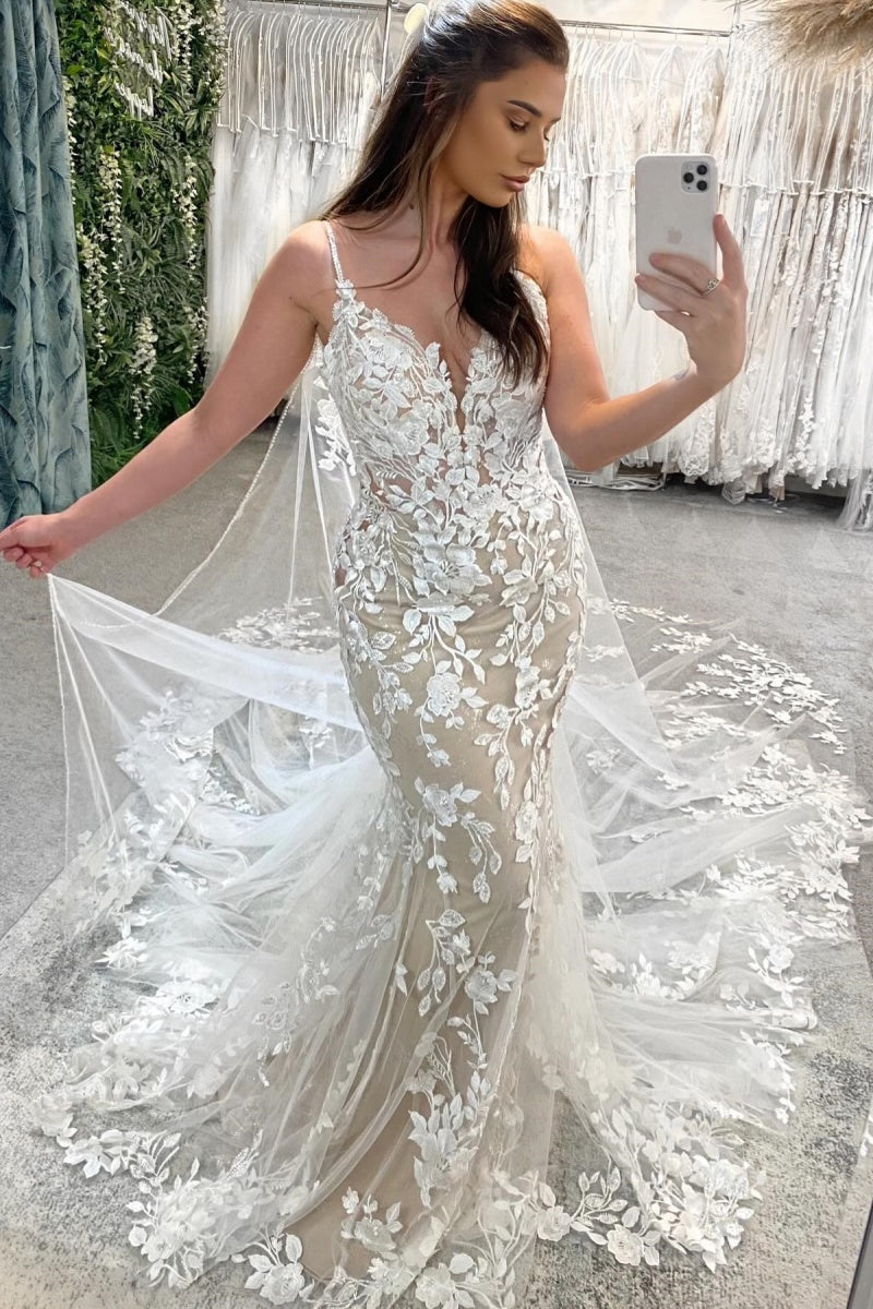 Lovely Tulle Appliques Spaghetti Straps Mermaid Wedding Dresses
