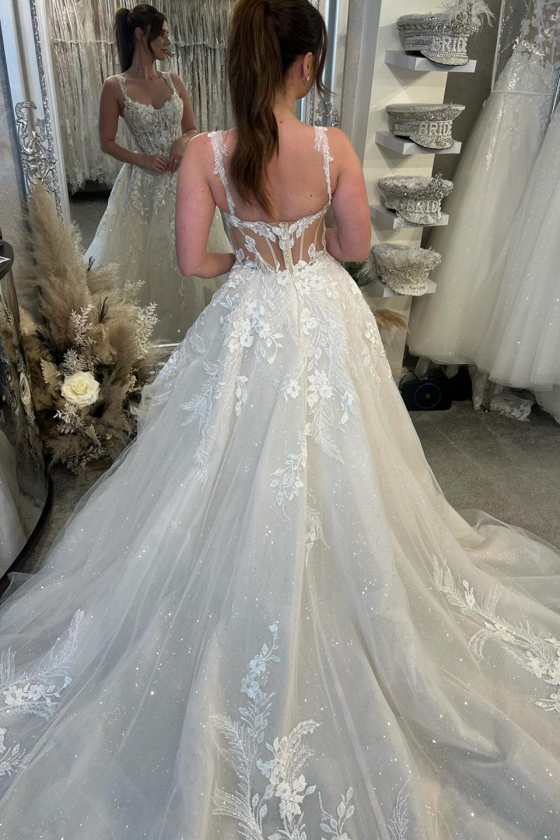 Generous Spaghetti Straps Appliques Sequins A-Line Wedding Dresses