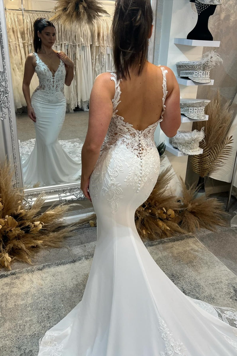 Elegant Satin V-Neck Appliques Mermaid Wedding Dresses