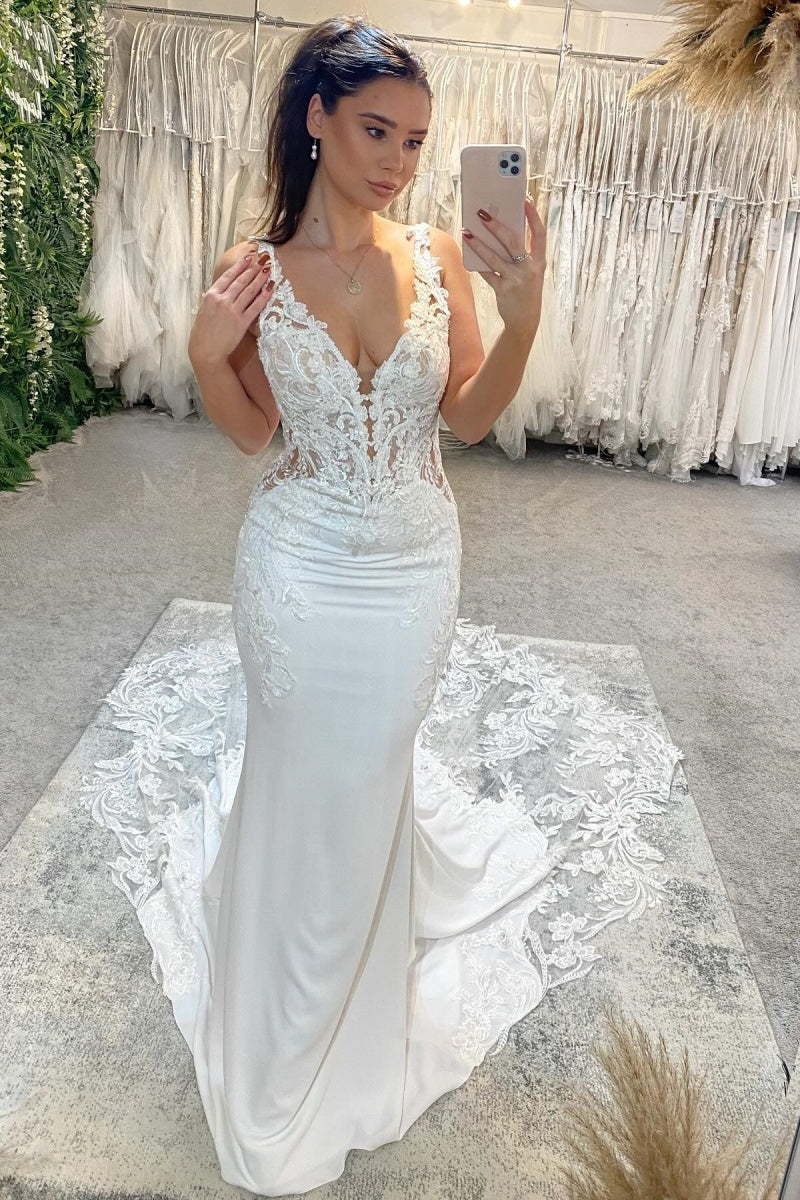 Elegant Satin V-Neck Appliques Mermaid Wedding Dresses