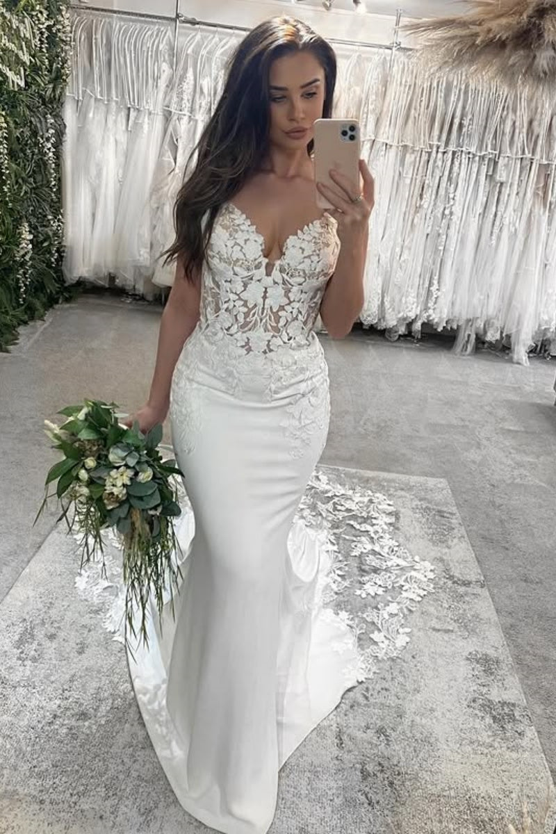 Gorgeous Spaghetti Straps Satin Appliques Mermaid Wedding Dresses