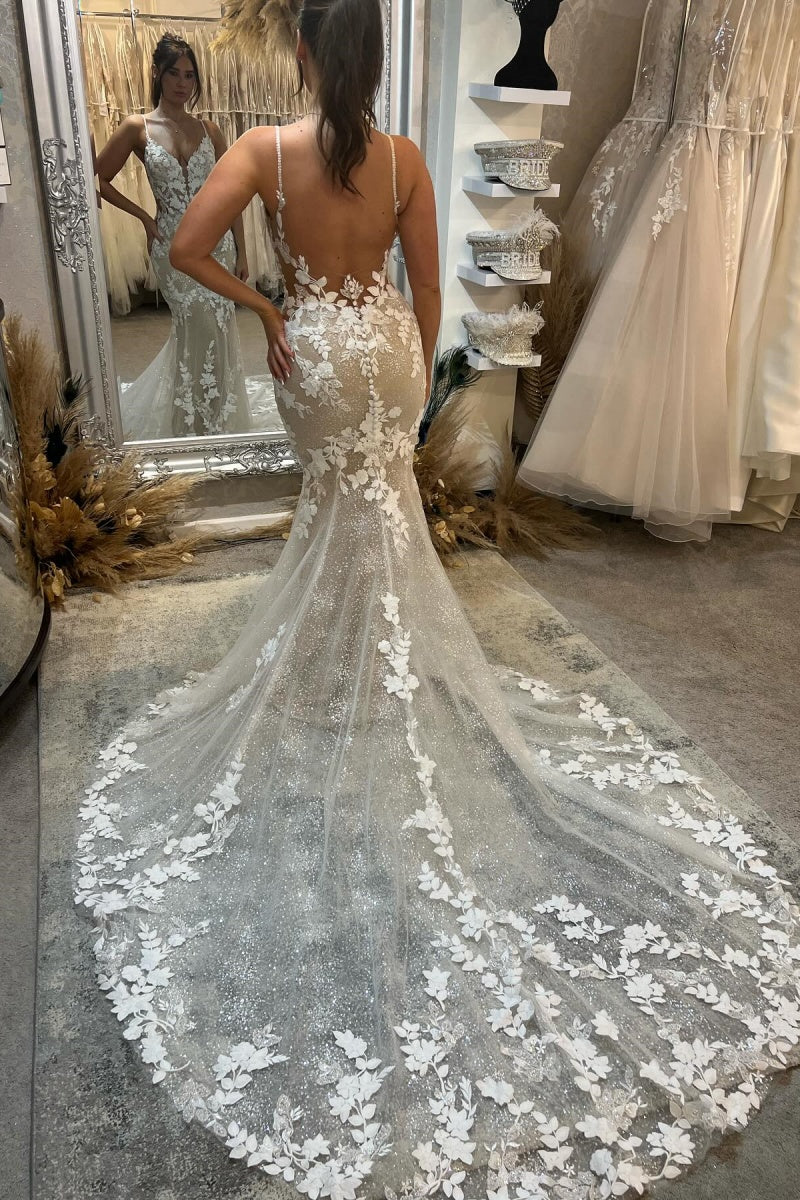 Handsome Spaghetti Straps Lace Appliques Mermaid Wedding Dresses
