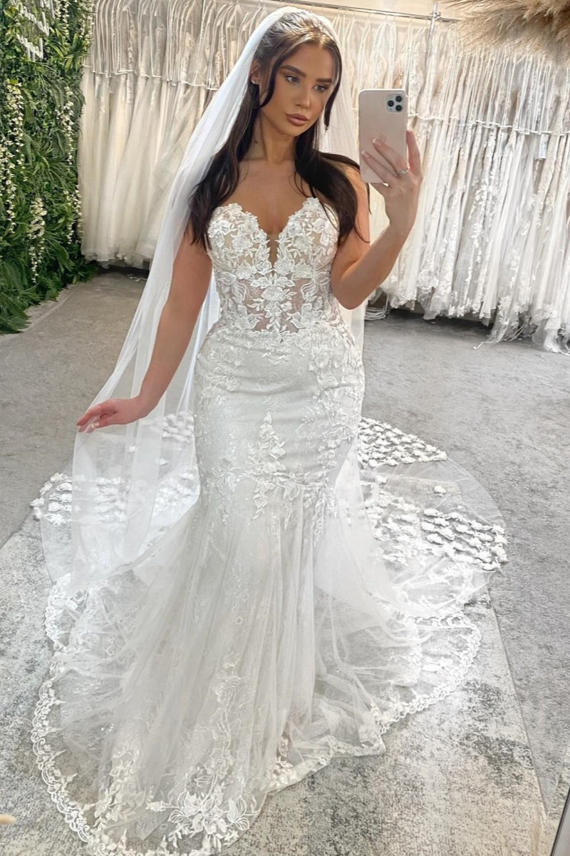 Intellectuality Sweetheart Lace Appliques Mermaid Wedding Dresses With Veil