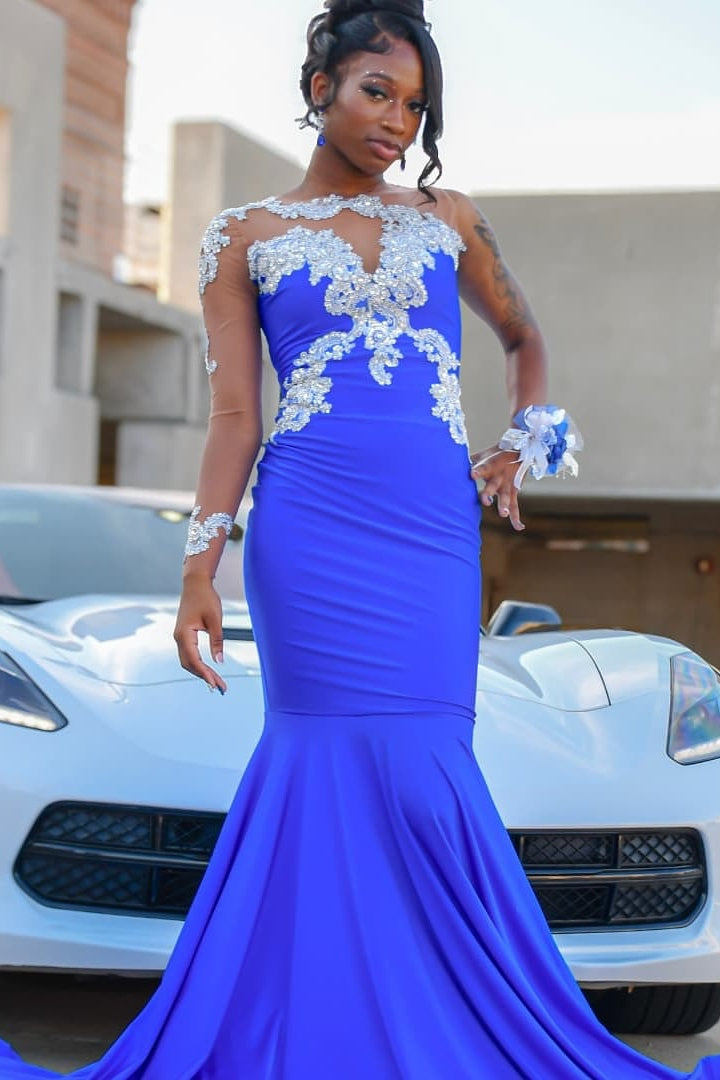 Blue Bateau Long Sleeves Mermaid Prom Dresses With Appliques