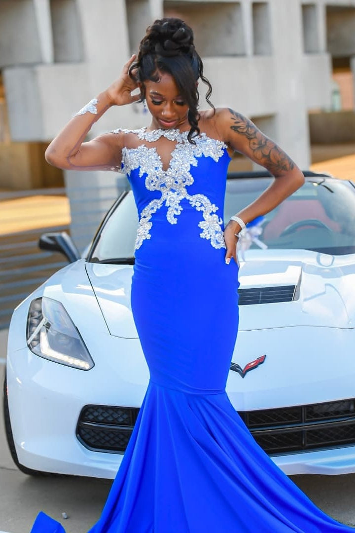 Blue Bateau Long Sleeves Mermaid Prom Dresses With Appliques