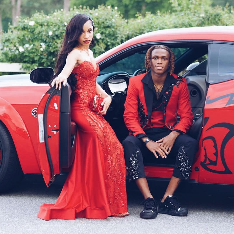 Red Sweetheart Floor Length Sheath Prom Dresses With Sequins