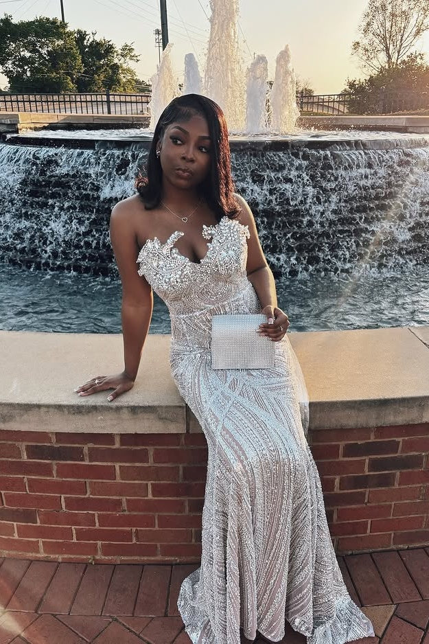 Sparkle White Sequins Sweetheart Beadings Sheath Prom Dresses