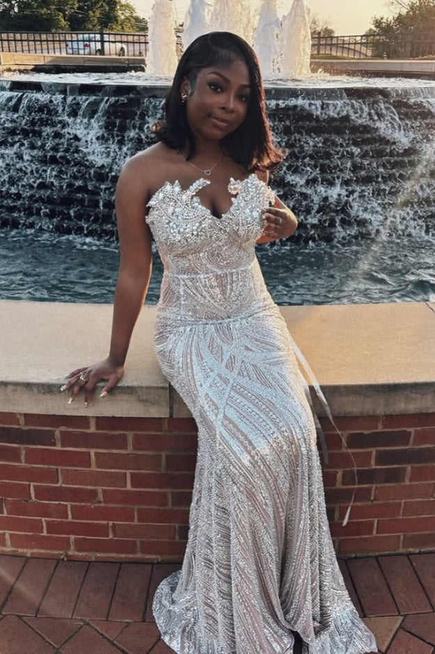 Sparkle White Sequins Sweetheart Beadings Sheath Prom Dresses