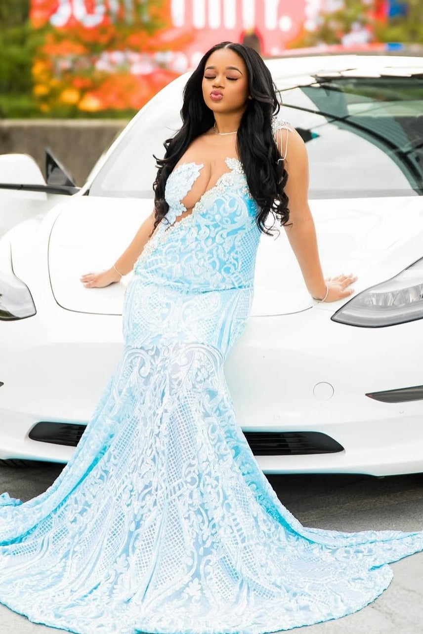 Charming Light Blue Jewel Lace Mermaid Prom Dresses With Beadings