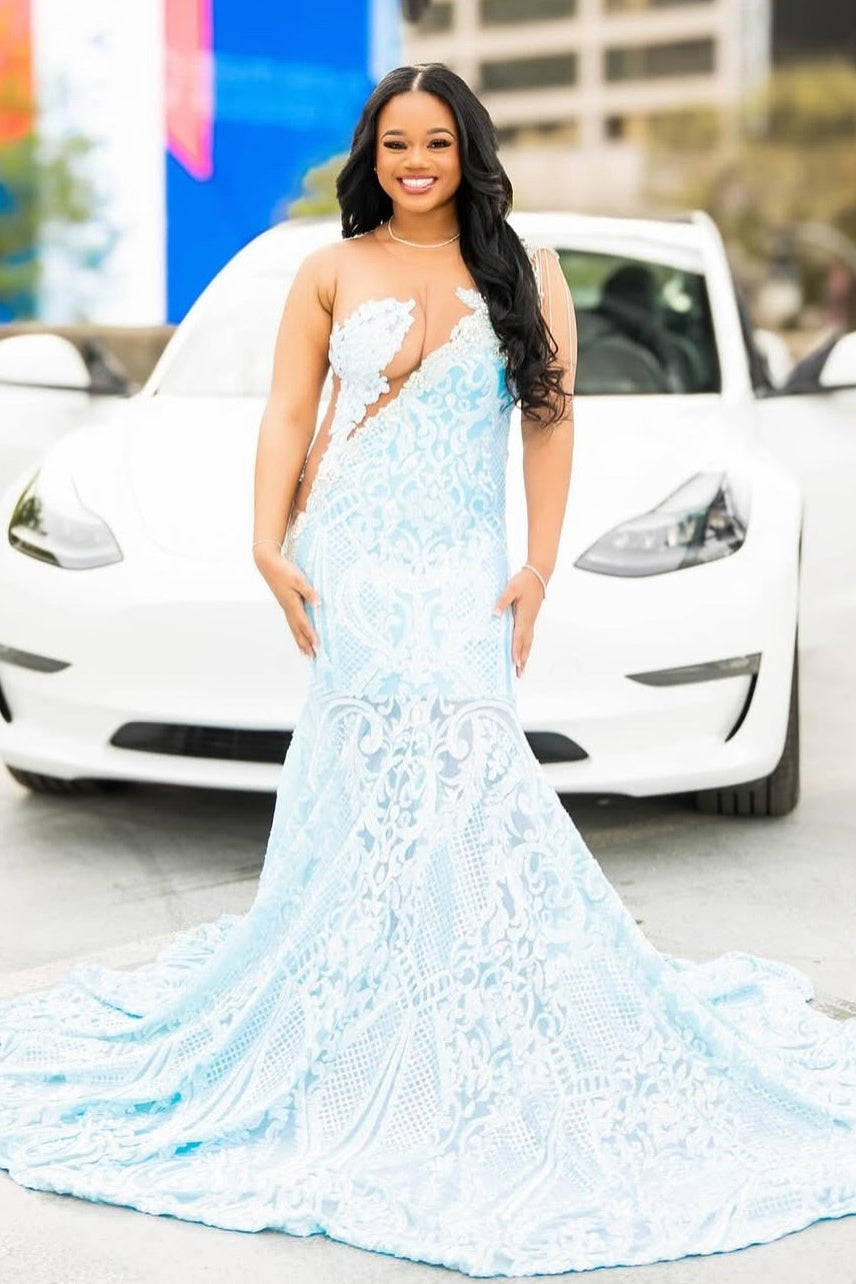 Charming Light Blue Jewel Lace Mermaid Prom Dresses With Beadings