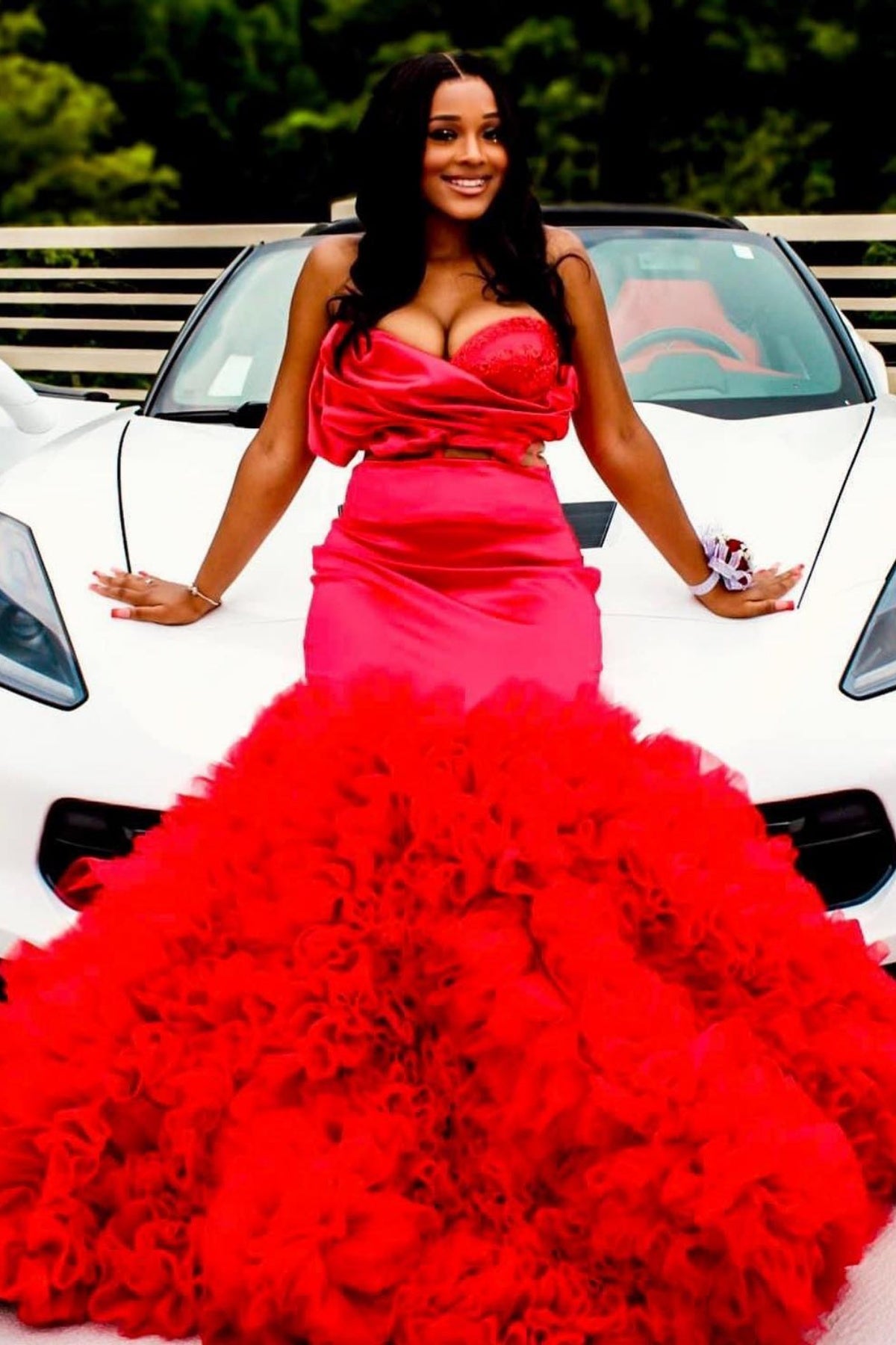 Red Sweetheart Ruffles Beadings Mermaid Prom Dresses With Puffy Layers