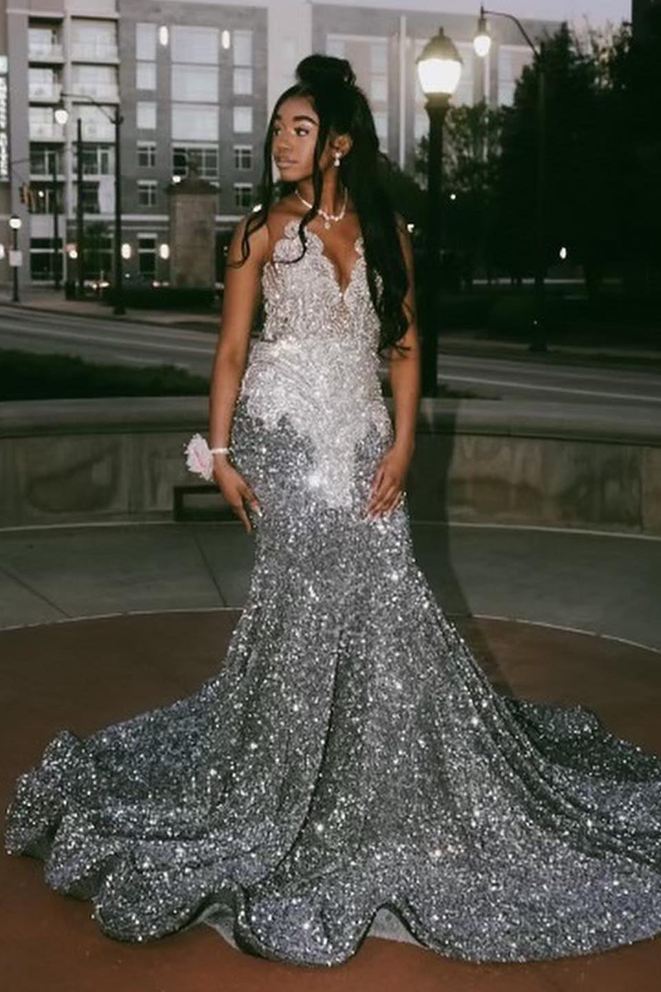 Silver Jewel Beadings Sequins Mermaid Prom Dresses