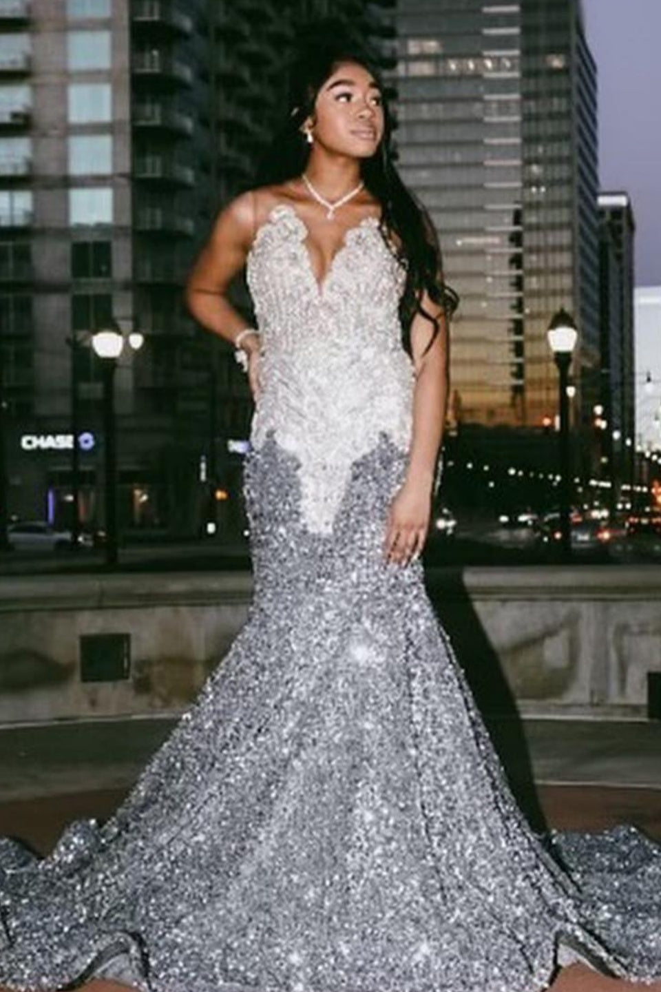 Silver Jewel Beadings Sequins Mermaid Prom Dresses