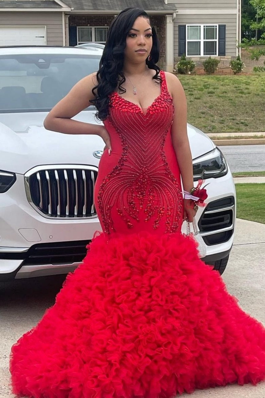 Dignified Red Spaghetti Strap Mermaid Beadings Prom Dresses With Puffy Layers
