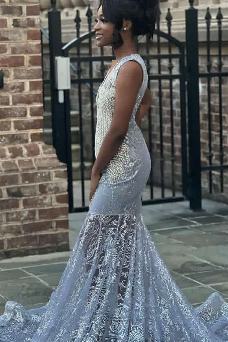 Beautiful V Neck Mermaid Beadings Lace Ruffles Prom Dresses