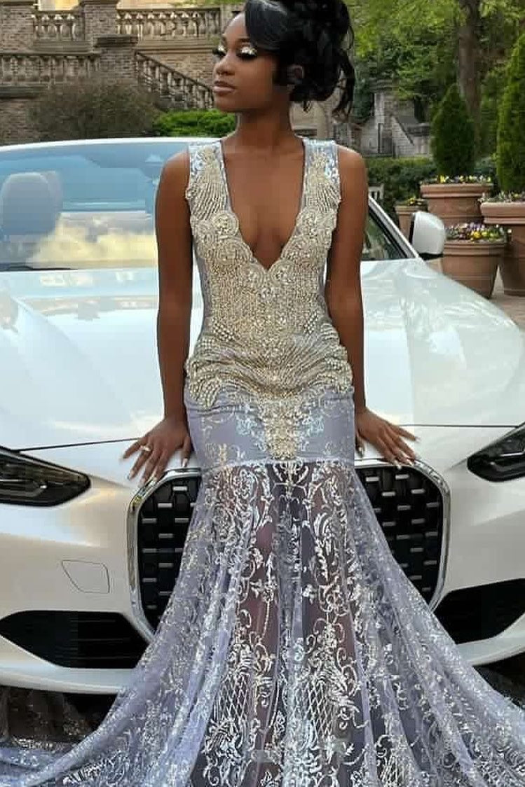 Beautiful V Neck Mermaid Beadings Lace Ruffles Prom Dresses