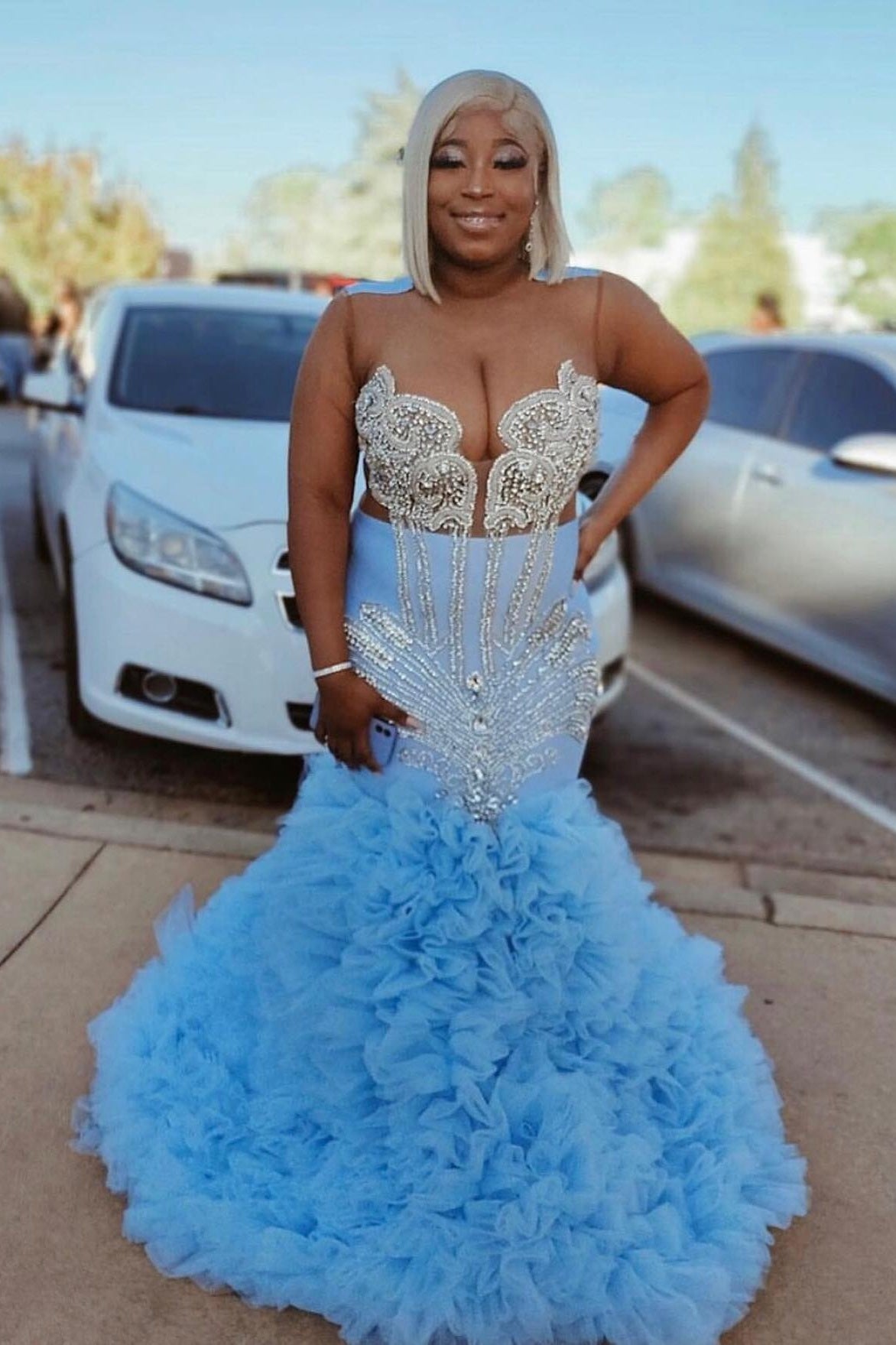 Chic Sky Blue Mermaid Beadings Prom Dresses With Puffy Layers