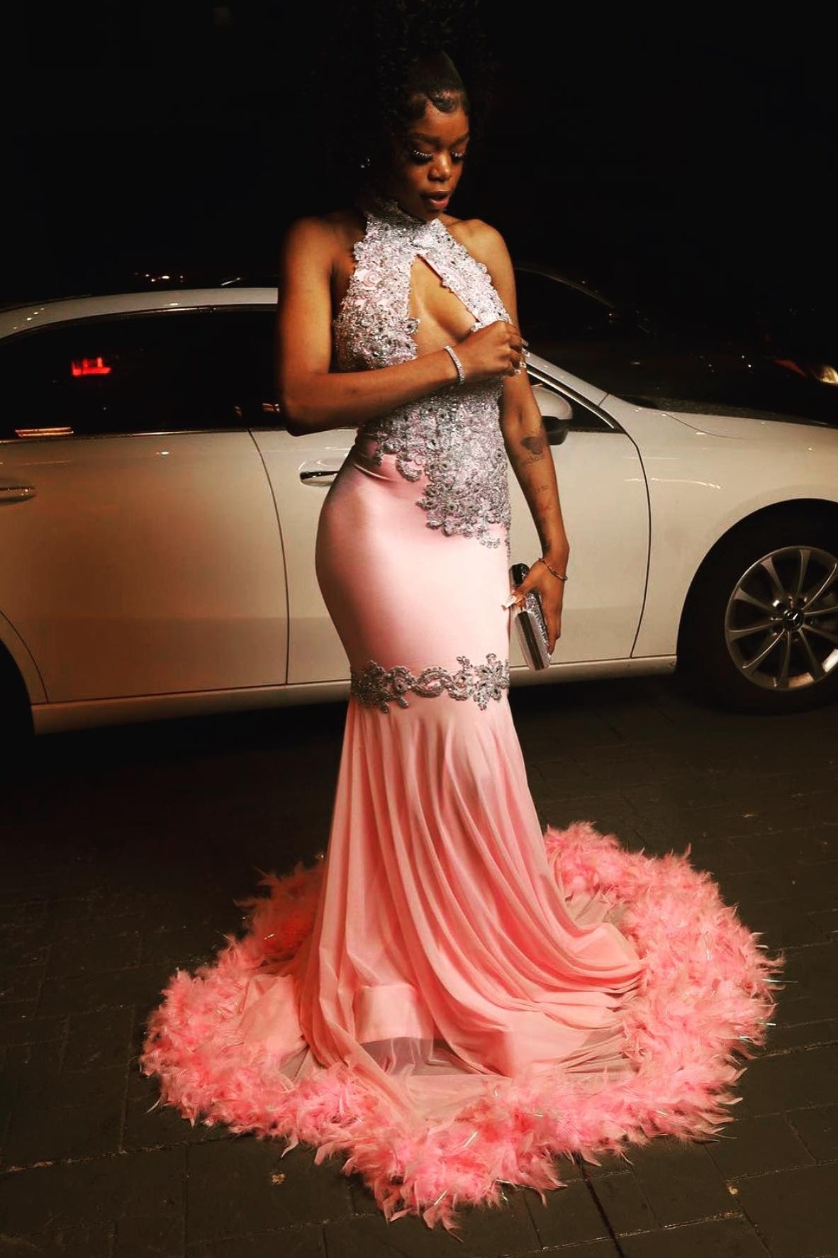 Nectarean Pink Satin High Collar Mermaid Beadings Prom Dresses With Feathers