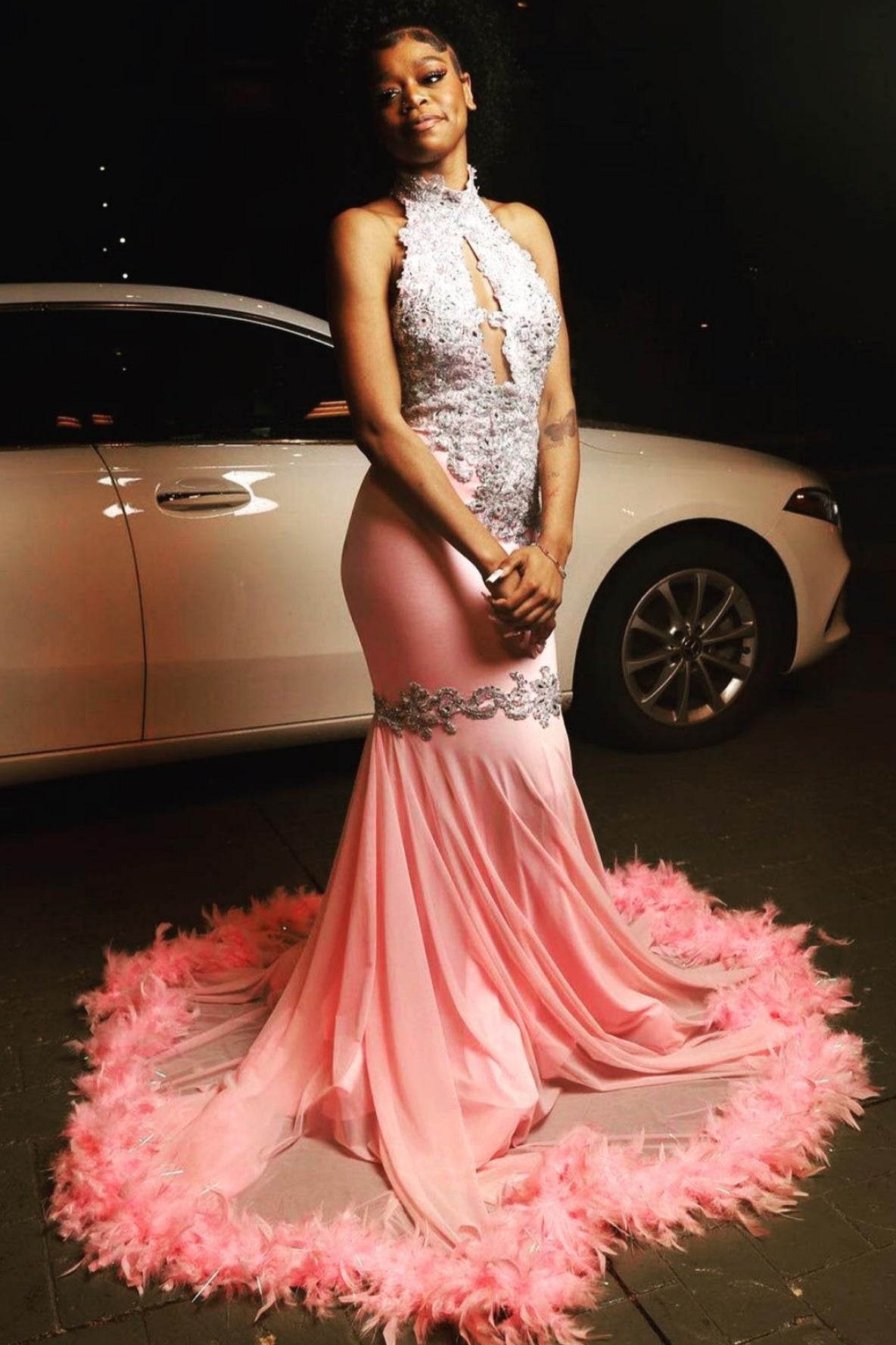 Nectarean Pink Satin High Collar Mermaid Beadings Prom Dresses With Feathers