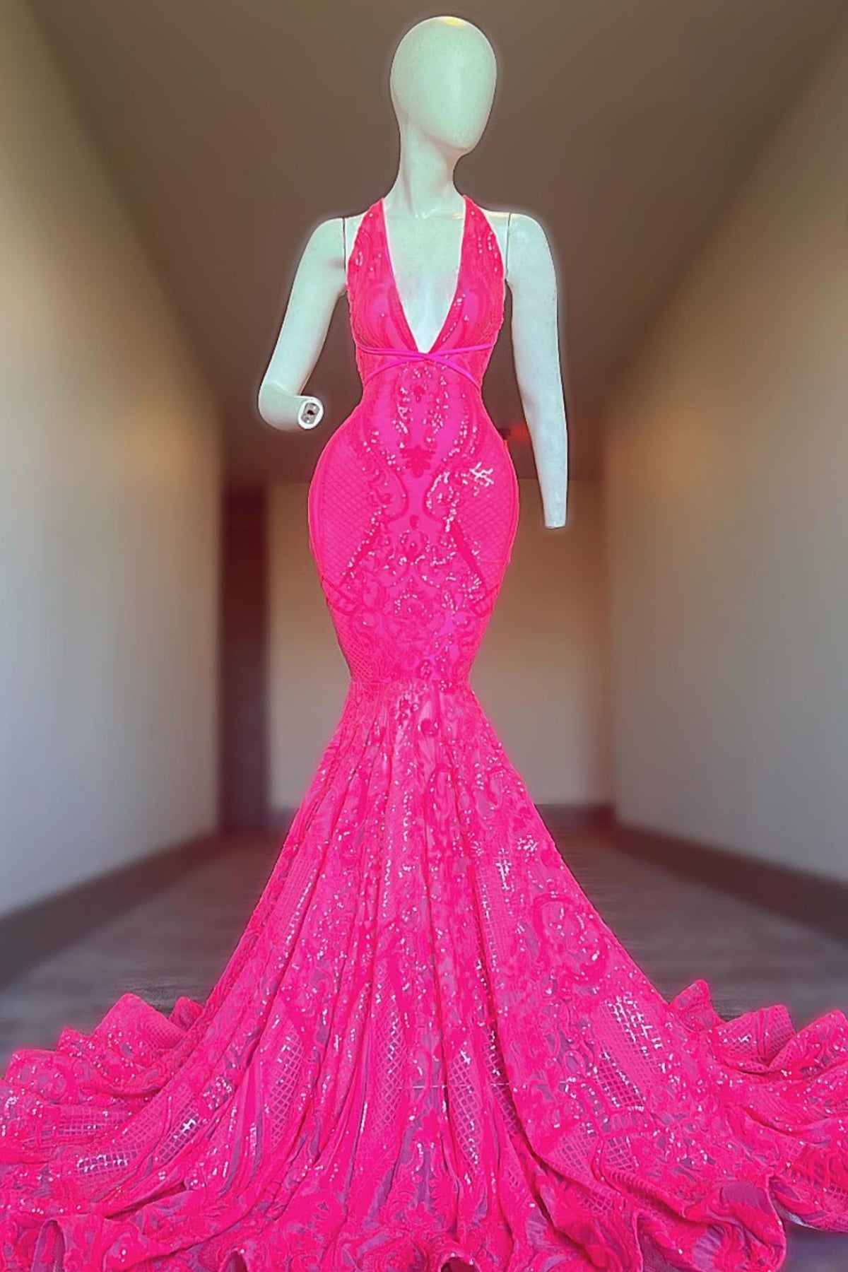 Beautiful Fuchsia Halter Sequins Lace Mermaid Prom Dresses