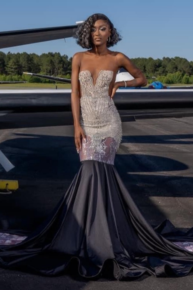 Honorable Jewel Mermaid Beadings Black Ruffles Prom Dresses