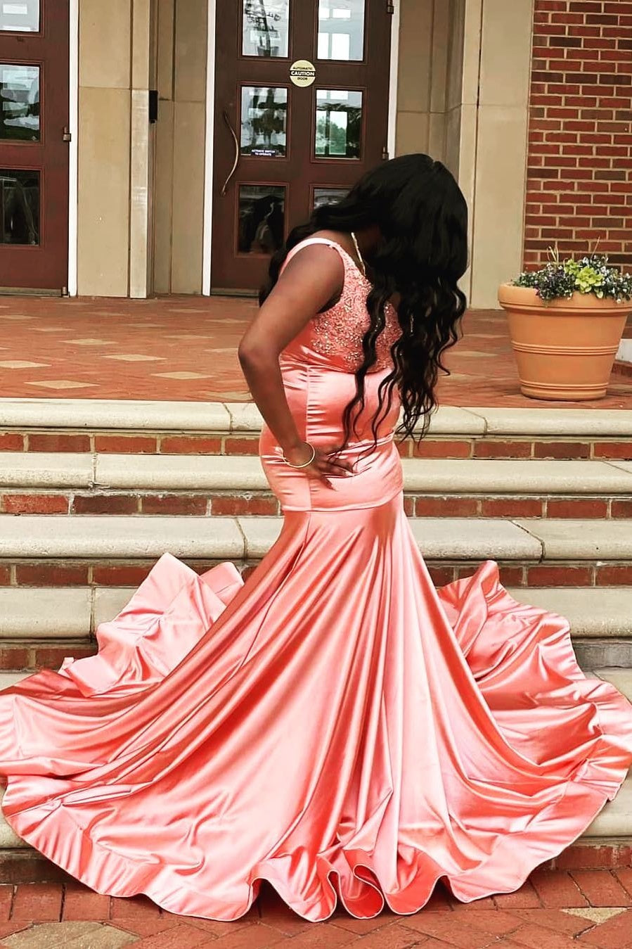 Chic Watermelon Square Mermaid Plus Size Prom Dresses With Beadings