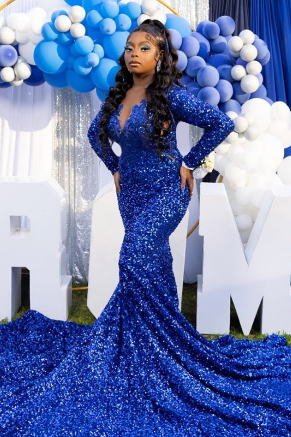 Charming Royal Blue V Neck Long Sleeves Mermaid Sequins Prom Dresses