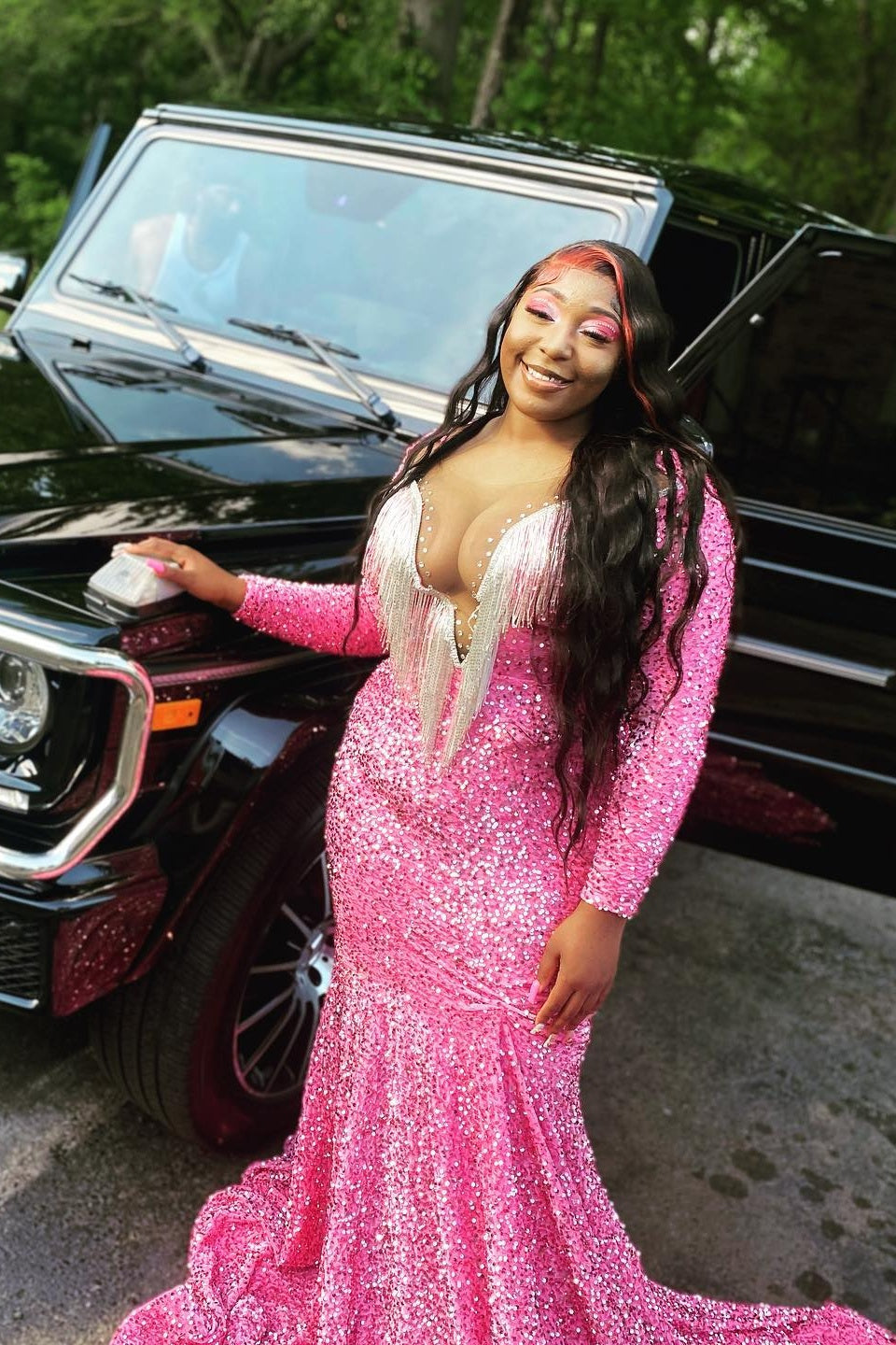 Intellectuality Pink Jewel Mermaid Plus Size Sequins Prom Dresses With Tassel