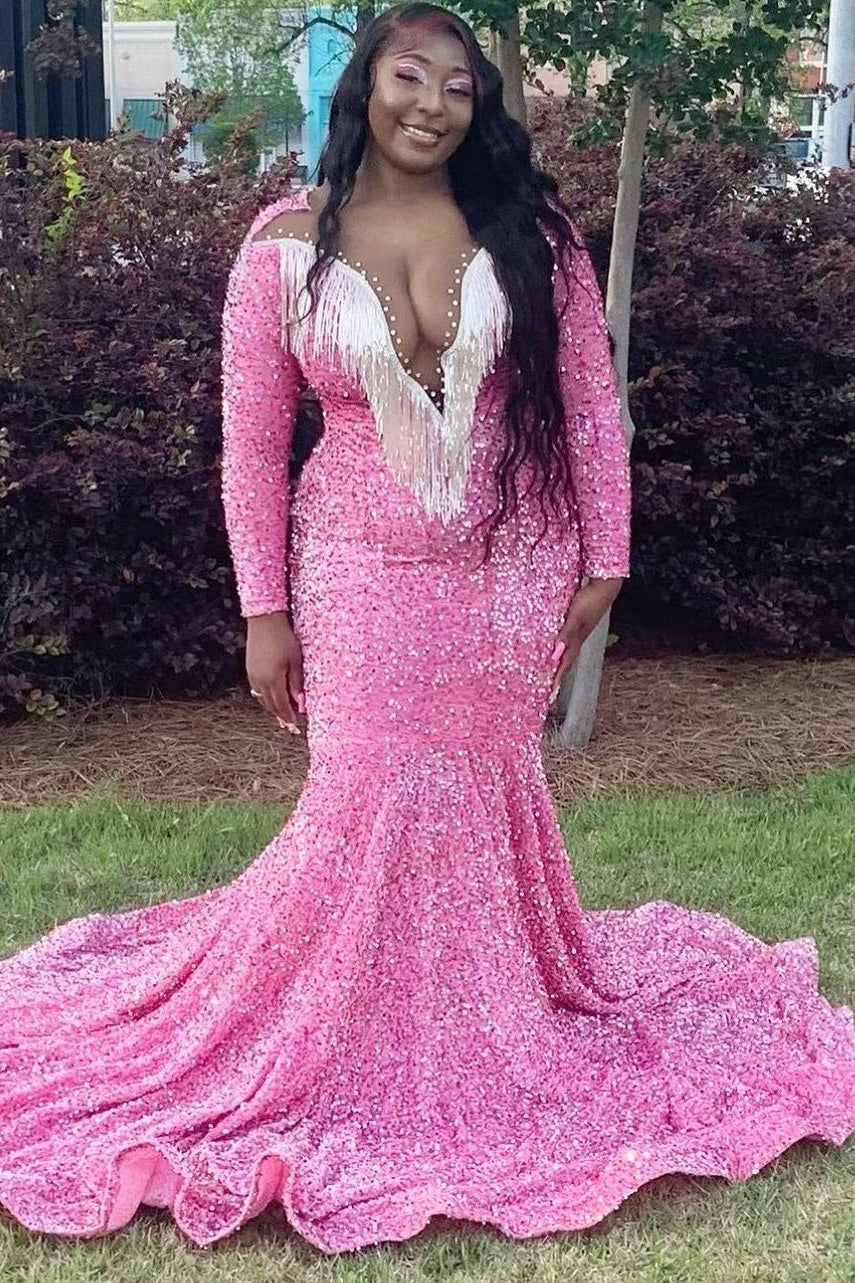 Intellectuality Pink Jewel Mermaid Plus Size Sequins Prom Dresses With Tassel