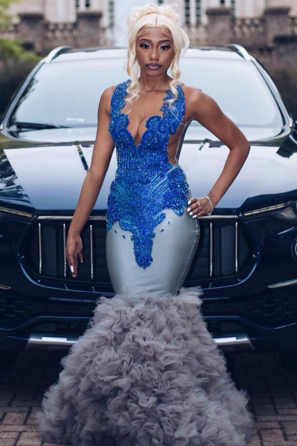 Decent Royal Blue Beadings Mermaid Puffy Layers Prom Dresses