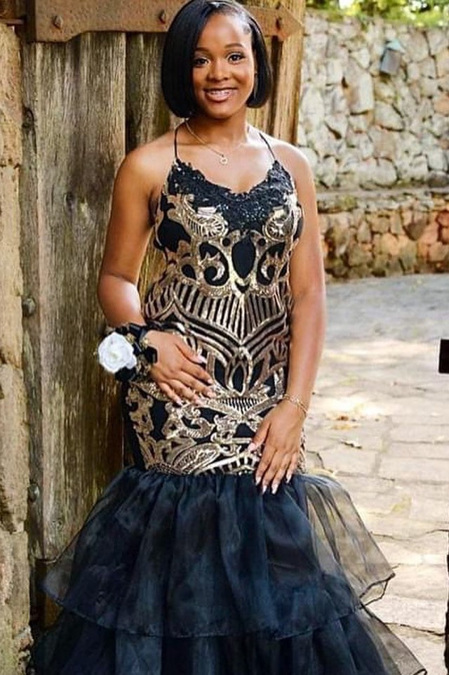 Sexy Black Ruffles Tulles Gold Appliques Mermaid Prom Dresses
