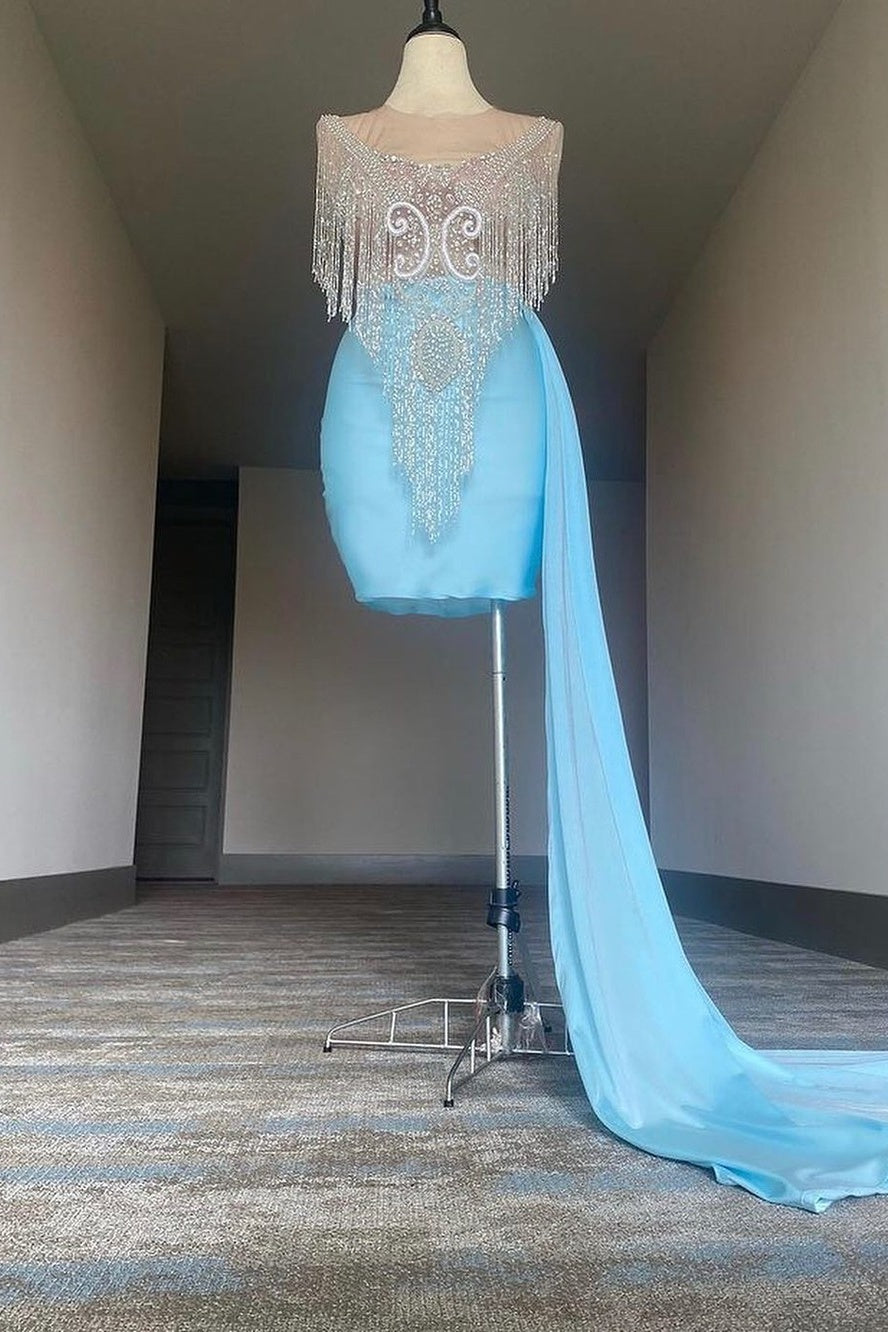 Gorgeous Sheer Tulle Silver Beadings Tassels Light Blue Train Prom Dresses