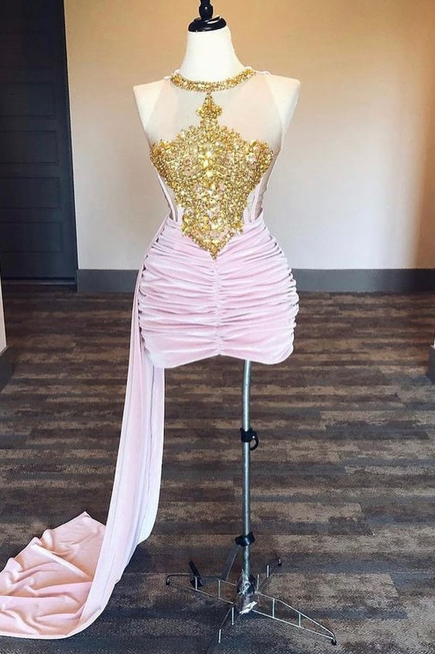 Trendy Sheer Tulle Gold Beadings Light Pink Velvet Train Prom Dresses
