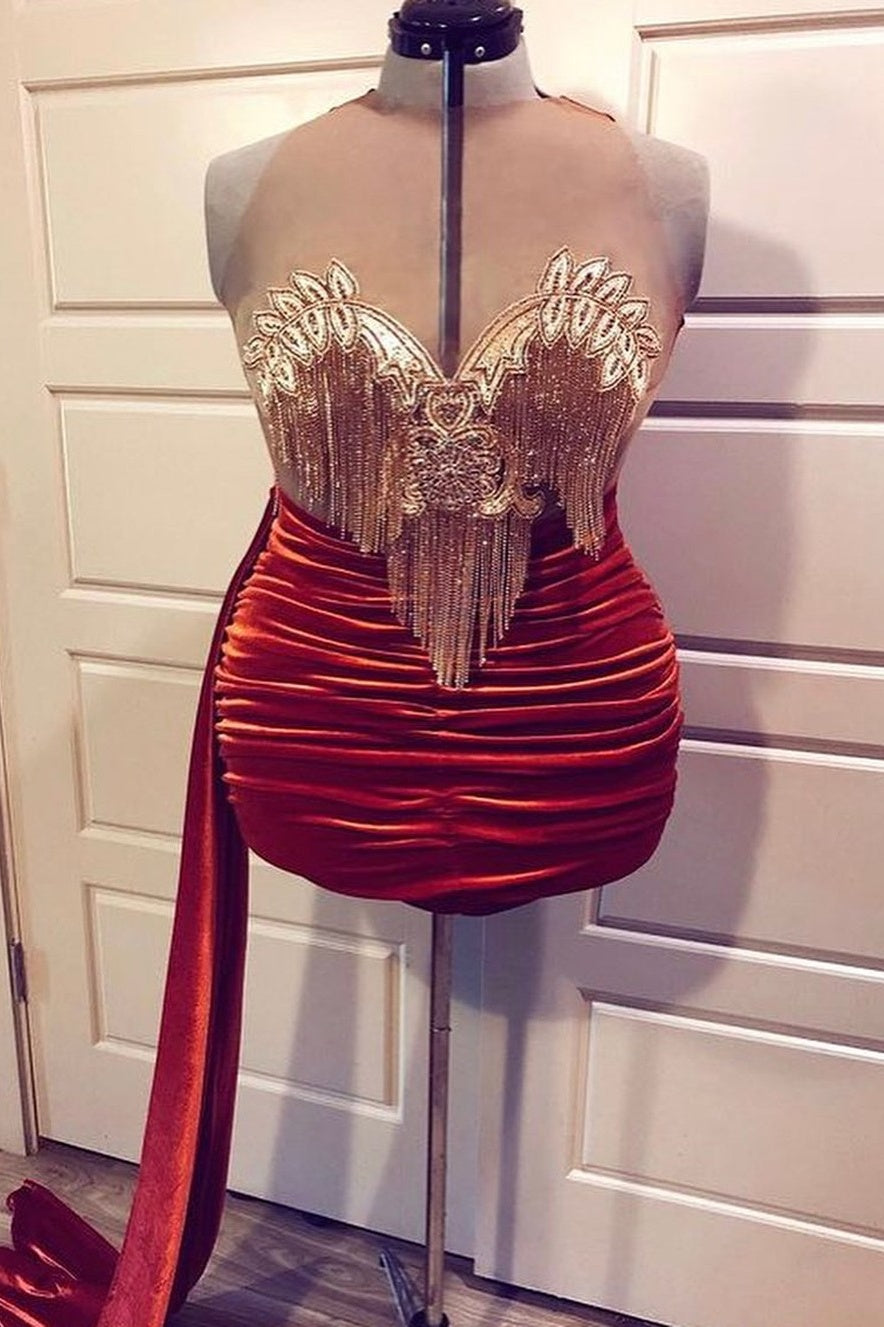 Sexy Sheer Tulle Gold Beadings Tassels Red Velvet Train Prom Dresses