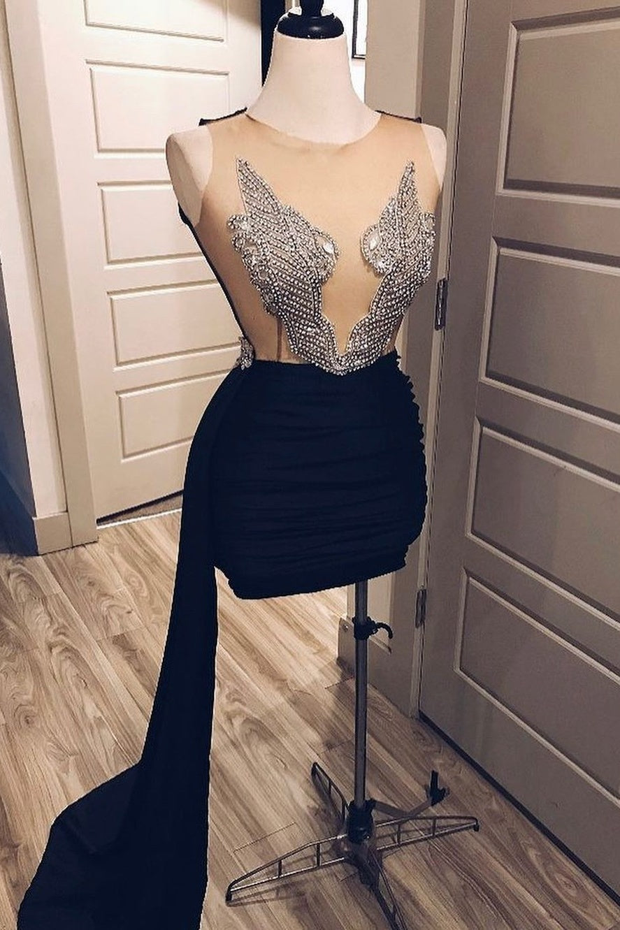 Modern Sheer Tulle Silver Beadings Black Train Prom Dresses