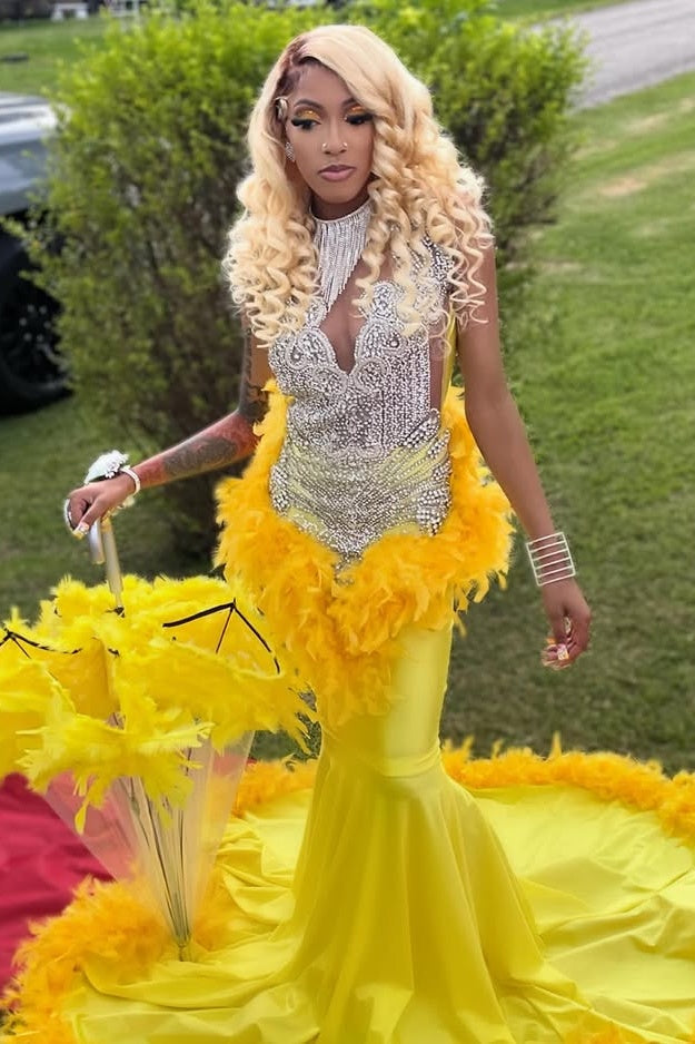 Yellow Jewel Beadings Mermaid Prom Dresses With Feathers