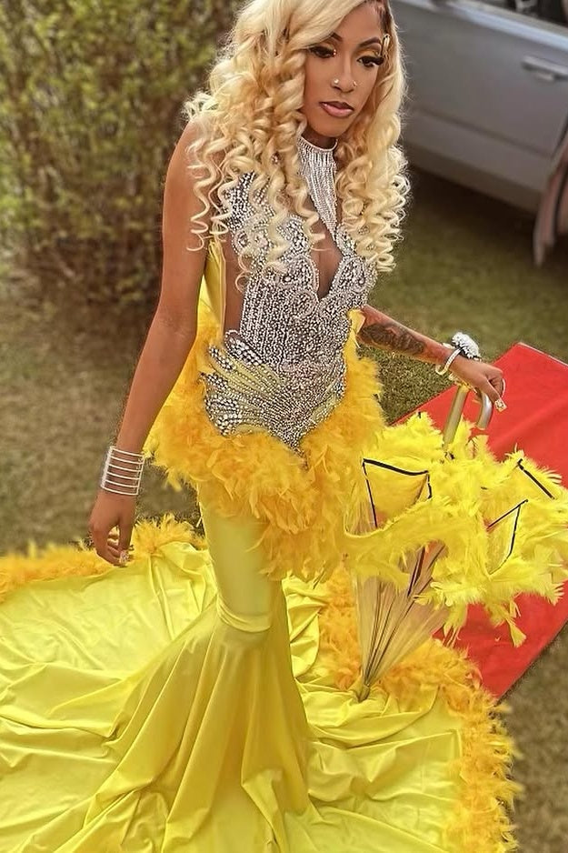 Yellow Jewel Beadings Mermaid Prom Dresses With Feathers