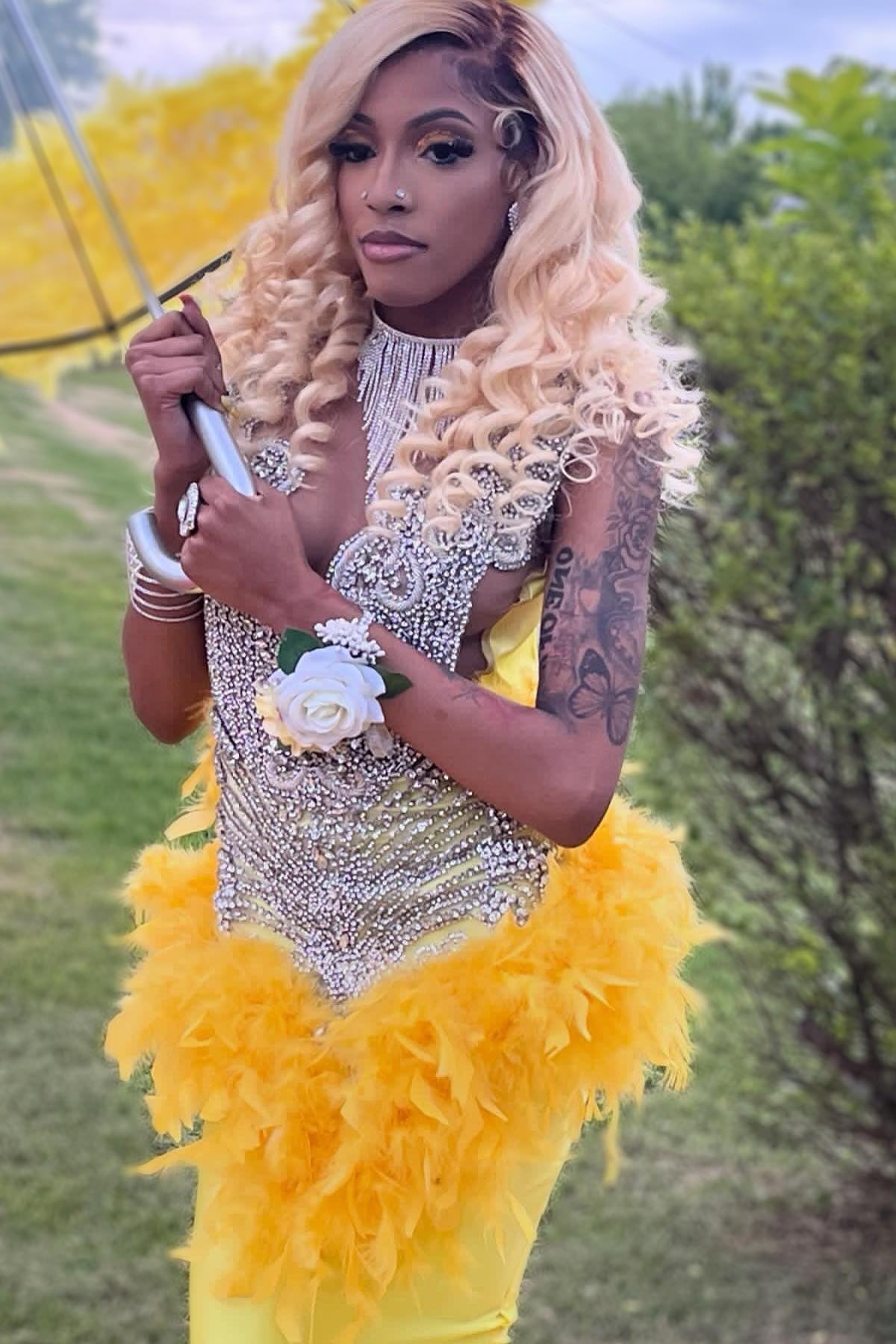 Yellow Jewel Beadings Mermaid Prom Dresses With Feathers