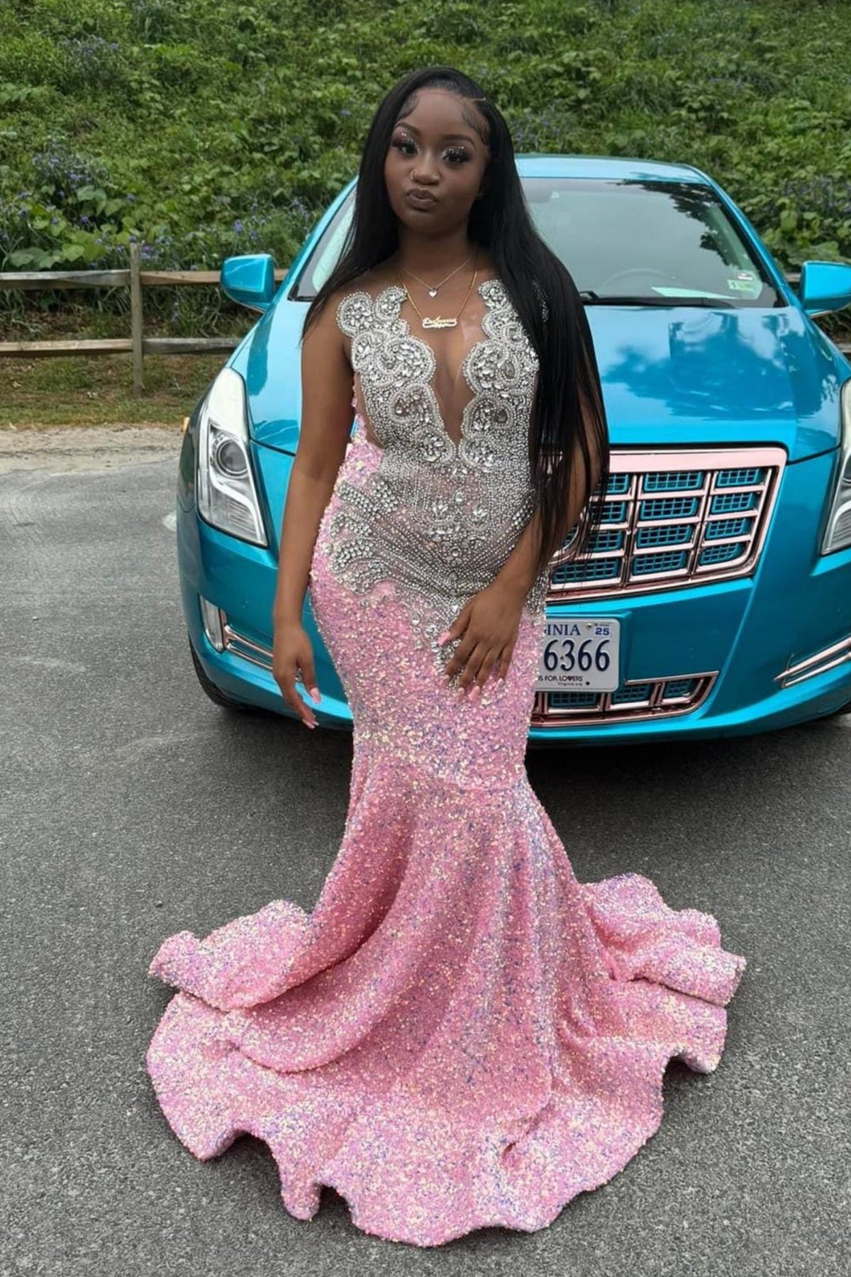 Honorable Pink V-Neck Sequins Beadings Mermaid Prom Dresses