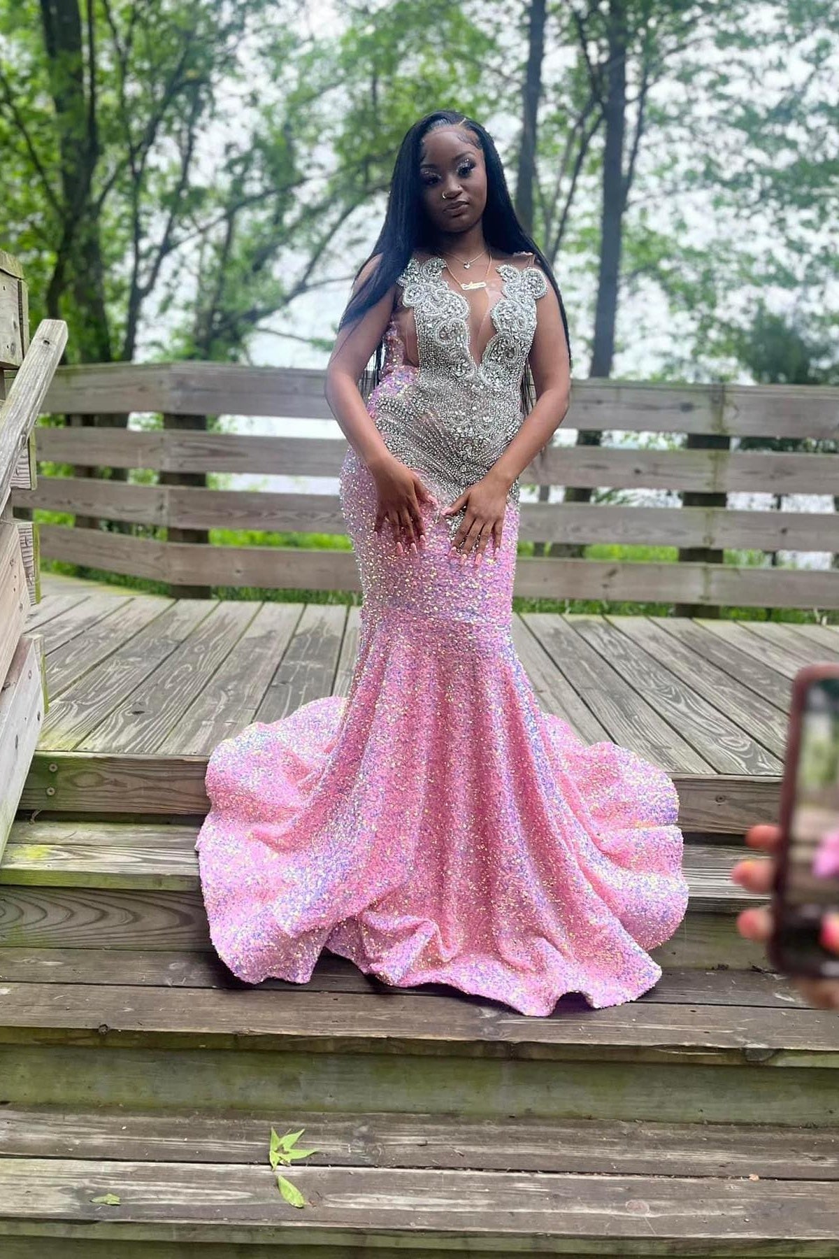 Honorable Pink V-Neck Sequins Beadings Mermaid Prom Dresses