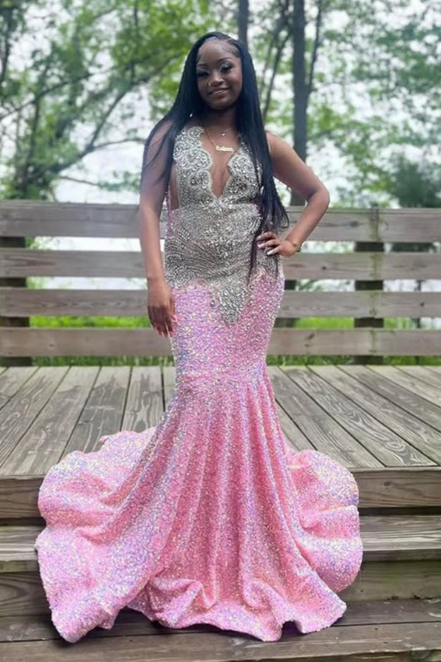 Honorable Pink V-Neck Sequins Beadings Mermaid Prom Dresses