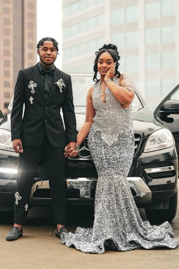 Serious V-Neck Silver Beadings Mermaid Prom Dresses