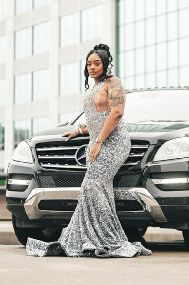 Serious V-Neck Silver Beadings Mermaid Prom Dresses
