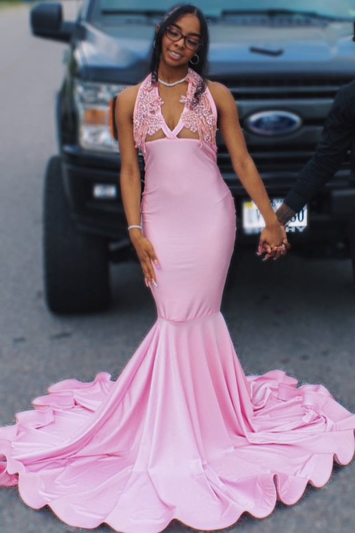 Decent Pink Halter Satin Beadings Mermaid Prom Dresses
