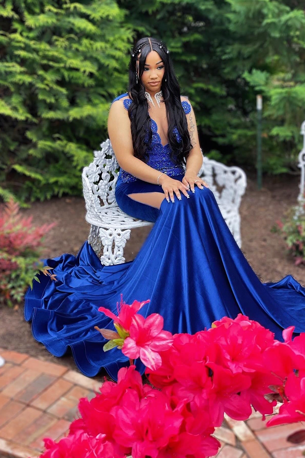 Fancy Royal Blue High Collar Velvet Beadings Mermaid Prom Dresses