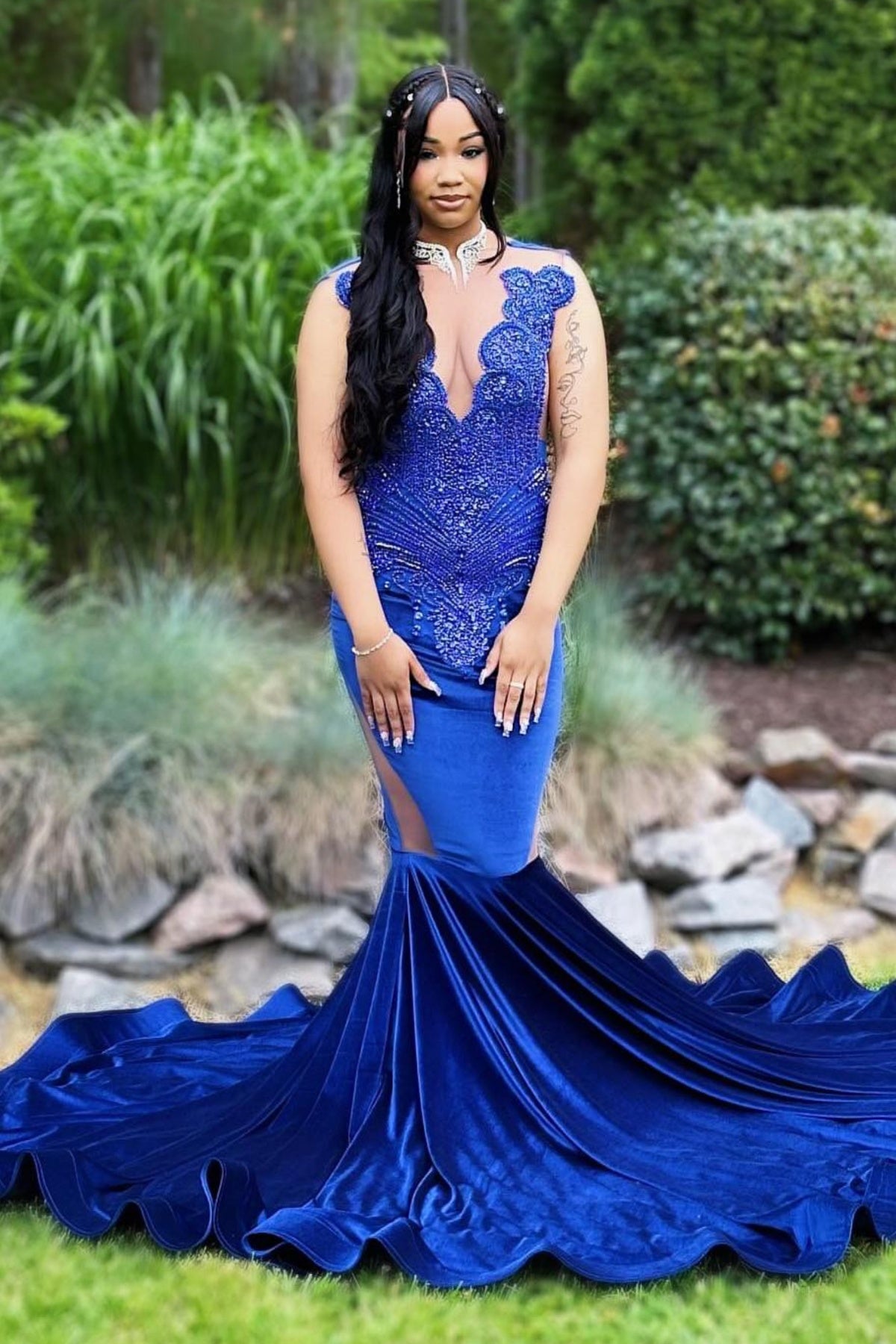 Fancy Royal Blue High Collar Velvet Beadings Mermaid Prom Dresses