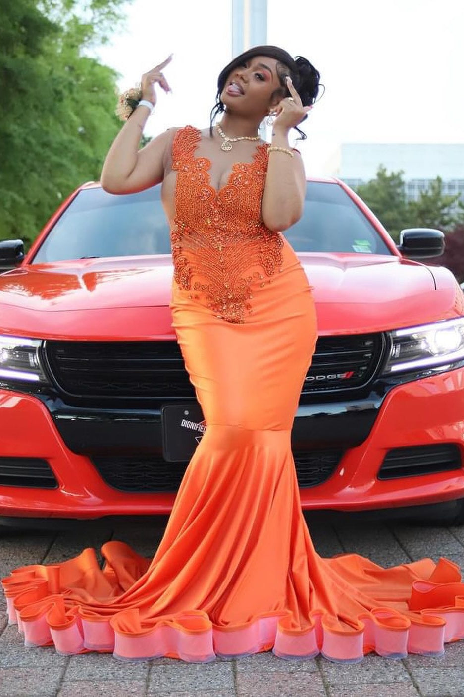 Chic Orange V-Neck Beadings Mermaid Prom Dresses