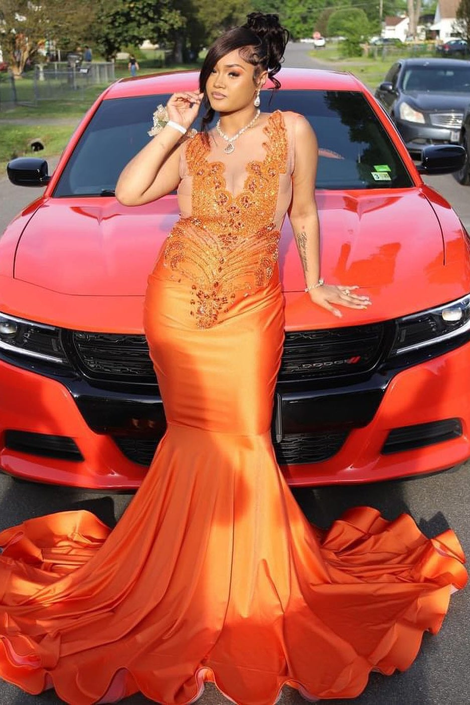 Chic Orange V-Neck Beadings Mermaid Prom Dresses